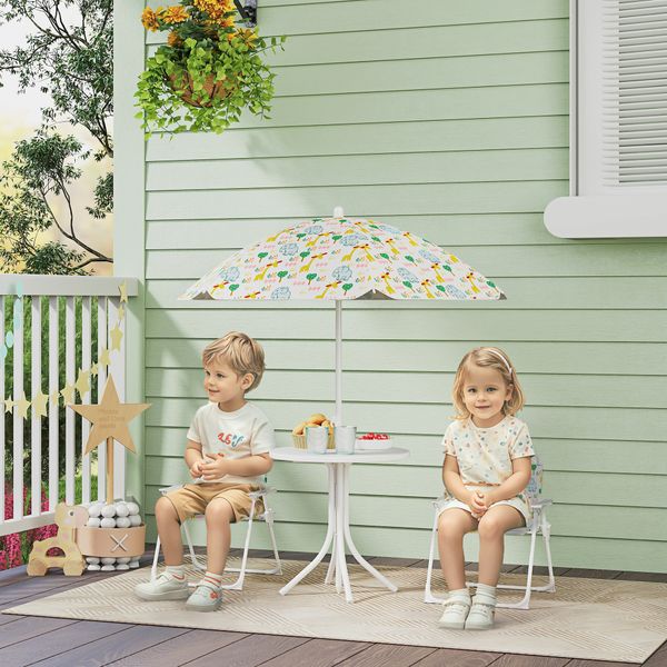Set da giardino per bambini 2-5 anni con tavolino rotondo, 2 sedie pieghevoli e un ombrellone, bianco - 