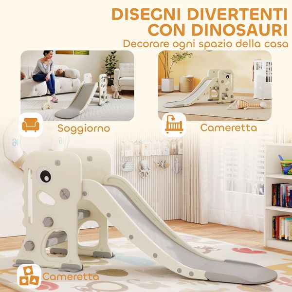 Scivolo per bambini pieghevole con canestro e palla da basket, in pp e hdpe, 146x52x65 cm, grigio e crema - 
