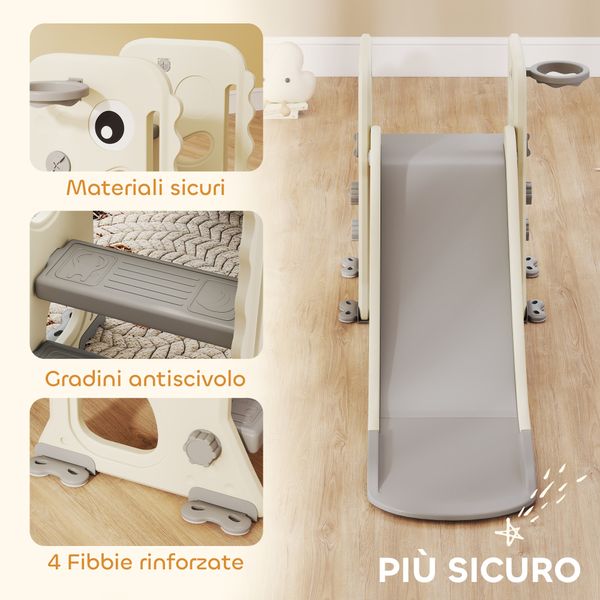 Scivolo per bambini pieghevole con canestro e palla da basket, in pp e hdpe, 146x52x65 cm, grigio e crema - 