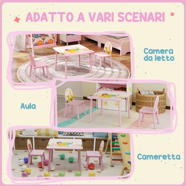 Set tavolo e sedie per bambini 3-8 anni con motivi animali e bordi arrotondati, in mdf e legno di pino rosa - 