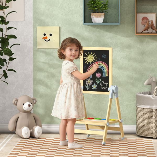Cavalletto per bambini doppia lavagna per gesso e pennarelli, lavagnetta magnetica e rotolo di carta, legno - 