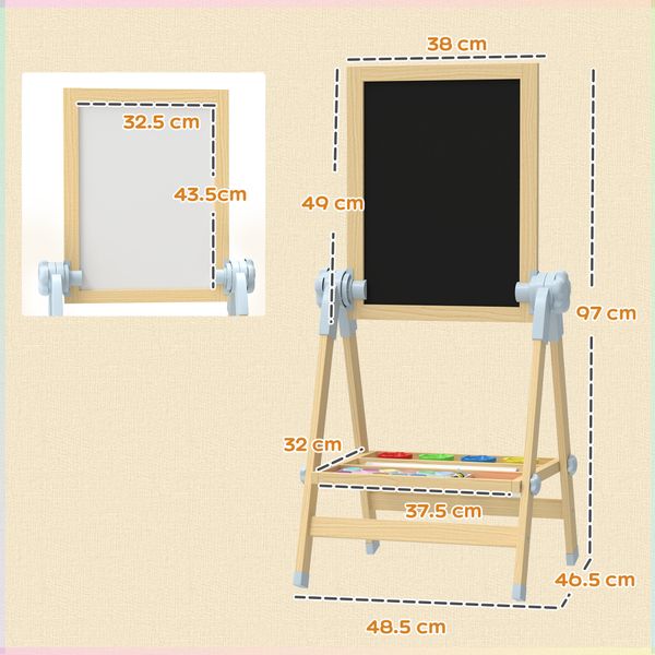 Cavalletto per bambini doppia lavagna per gesso e pennarelli, lavagnetta magnetica e rotolo di carta, legno - 