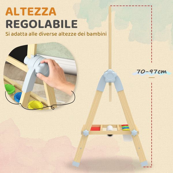 Cavalletto per bambini doppia lavagna per gesso e pennarelli, lavagnetta magnetica e rotolo di carta, legno - 