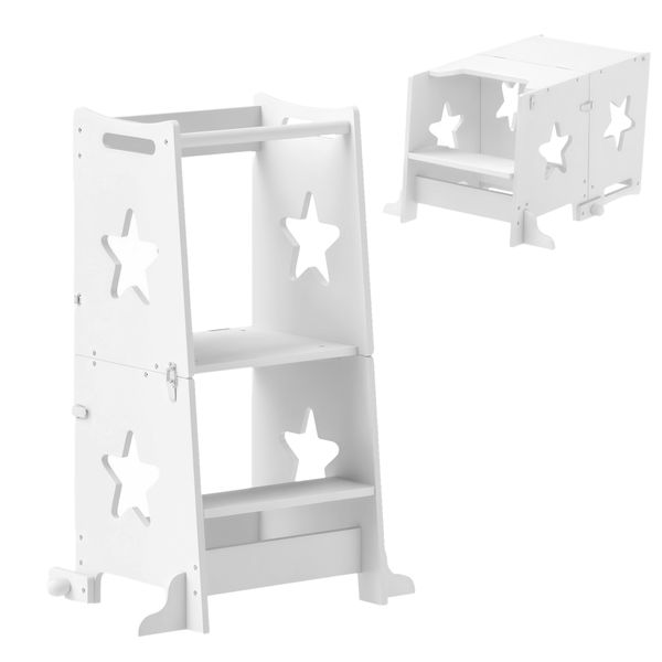 Scala montessori convertibile in set tavolo e sedie con barra di sicurezza, in legno, 60x44.5x86 cm, bianco - 