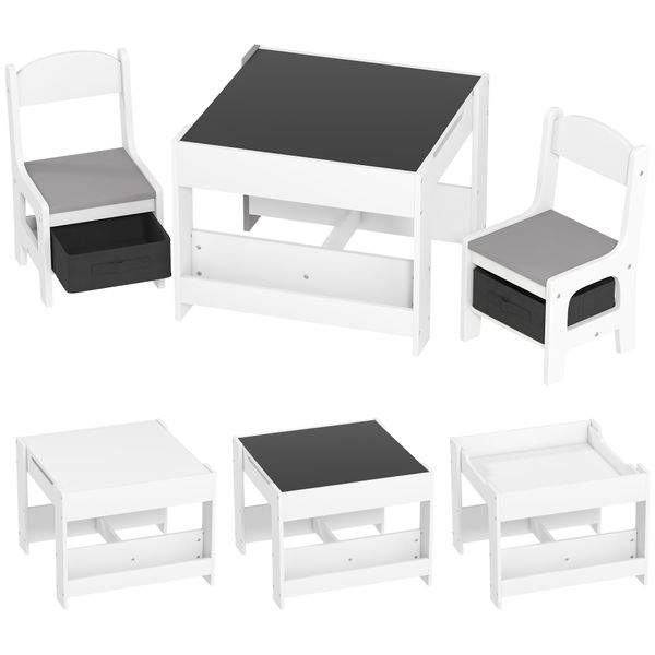 Set tavolino per bambini e 2 sedie, piano del tavolo 3 in 1 con lavagna e contenitori, grigio - 