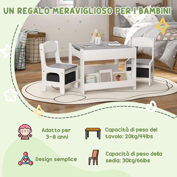 Set tavolino per bambini e 2 sedie, piano del tavolo 3 in 1 con lavagna e contenitori, grigio - 