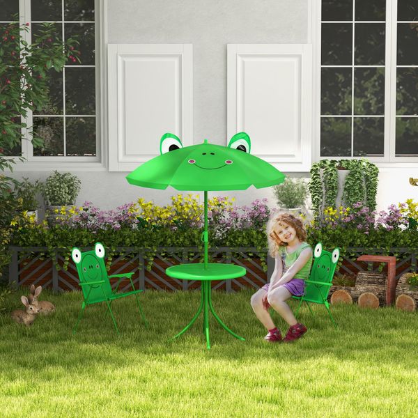 Set tavolo da giardino con 2 sedie pieghevoli, tavolino con sedie da esterno con ombrellone per bambini in metallo e poliestere, verde - 