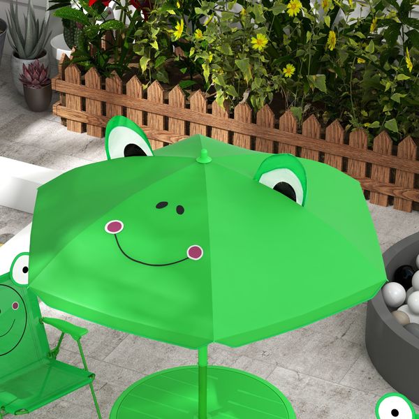Set tavolo da giardino con 2 sedie pieghevoli, tavolino con sedie da esterno con ombrellone per bambini in metallo e poliestere, verde - 
