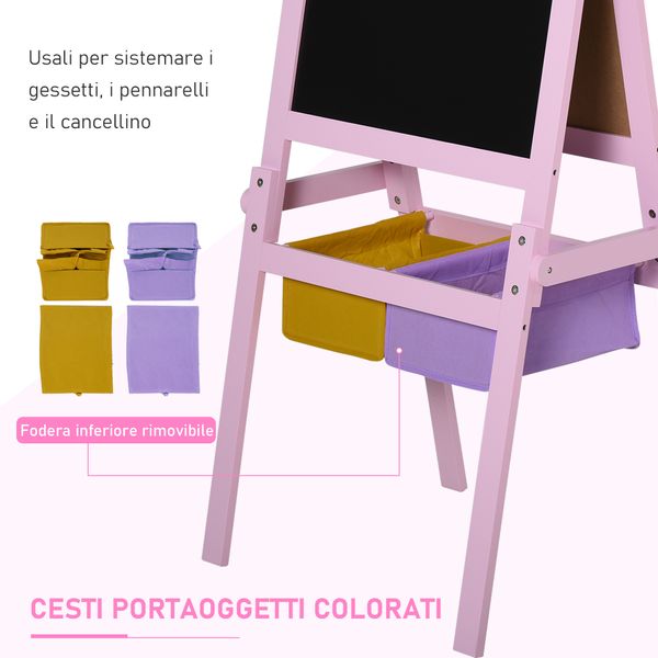 Lavagnetta per bambini in legno rosa con cavalletto 3 in 1: lavagna bianca, nera e con rullo fogli di carta - 