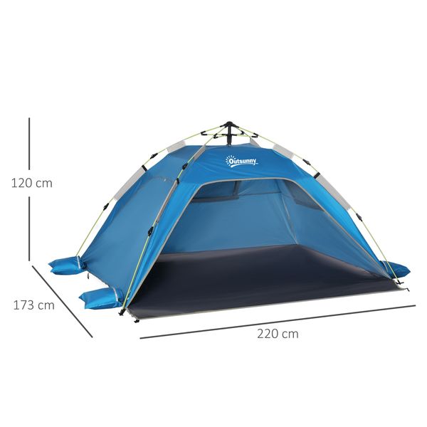Tenda da spiaggia pop up con porta a cerniera, in poliestere e fibra di vetro, 220x173x120 cm, blu cielo e grigio - 
