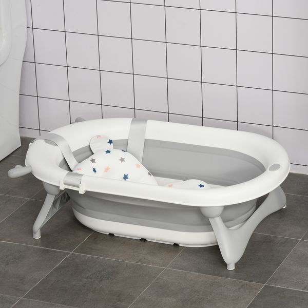 Vaschetta bagnetto pieghevole per bambini 0-3 anni con indicatore di temperatura e cuscino, 81.5x50.5x23.5cm, bianco - 