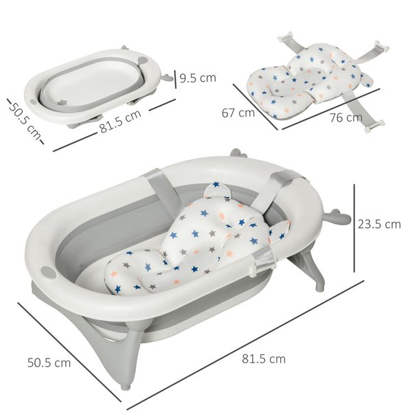 Vaschetta bagnetto pieghevole per bambini 0-3 anni con indicatore di temperatura e cuscino, 81.5x50.5x23.5cm, bianco - 