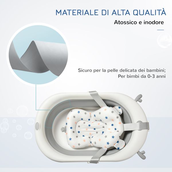 Vaschetta bagnetto pieghevole per bambini 0-3 anni con indicatore di temperatura e cuscino, 81.5x50.5x23.5cm, bianco - 