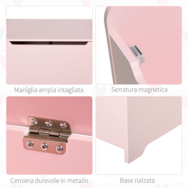Cassapanca portagiochi in legno, panca contenitore per cameretta coperchio con pistone pneumatico, 60x40x48cm, rosa - 