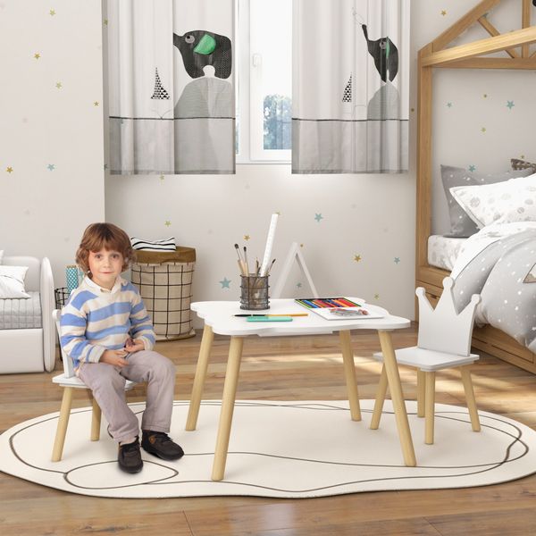 Set tavolo e 2 sedie per bambini con schienale a corona, età 3-6 anni, bianco - 