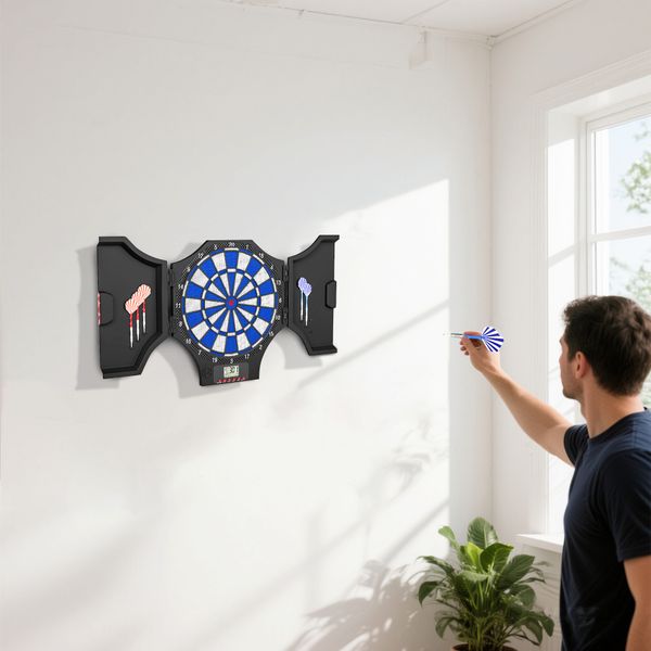 Bersaglio freccette elettronico con 6 freccette e monitor lcd per 31 giochi, 83x45x4 cm, nero e blu - 