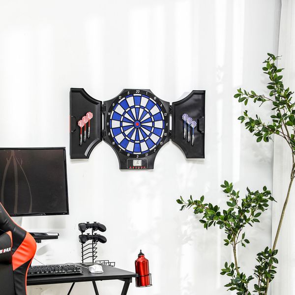 Bersaglio freccette elettronico con 6 freccette e monitor lcd per 31 giochi, 83x45x4 cm, nero e blu - 