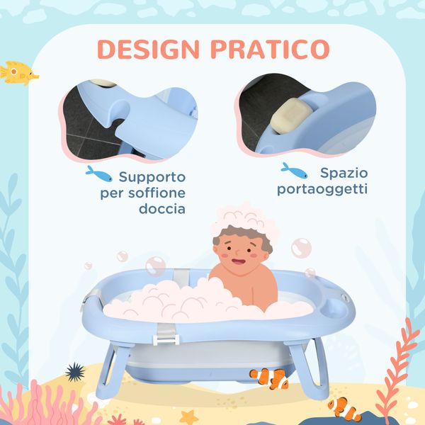 Vaschetta bagnetto pieghevole bambini 0-6 anni con cuscino e 2 ripiani, 83x48x23.5 cm, blu e bianco - 