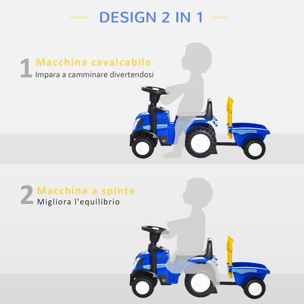 Trattore per bambini cavalcabile con rimorchio, rastrello e pala, gioco educativo per bimbi 12-36 mesi, 91x29x44cm, blu - 