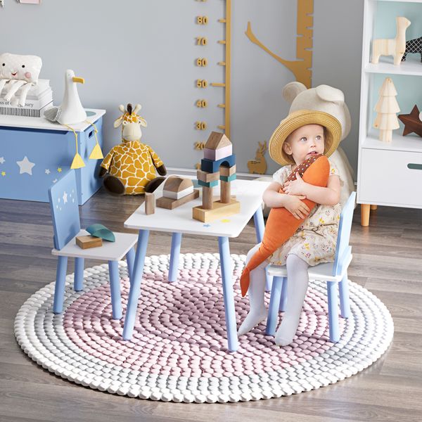 Tavolo con sedie bambini e bambine 2-4 anni in legno azzurro e bianco - 