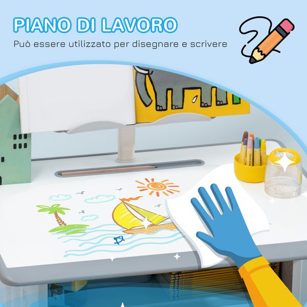 Banco scuola con sedia ad altezza regolabile e luce per bambini 6-12 anni, acciaio e mdf, grigio - 