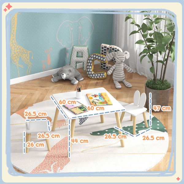 Set tavolo e 2 sedie per bambini con schienale a orecchie di coniglio, età 3-6 anni, bianco - 