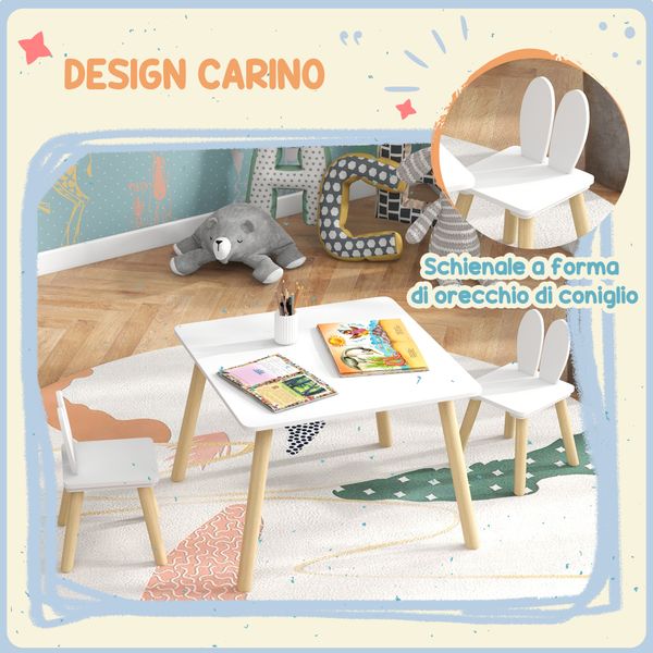 Set tavolo e 2 sedie per bambini con schienale a orecchie di coniglio, età 3-6 anni, bianco - 