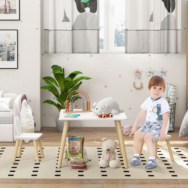 Set tavolo e 2 sedie per bambini con schienale a orecchie di coniglio, età 3-6 anni, bianco - 