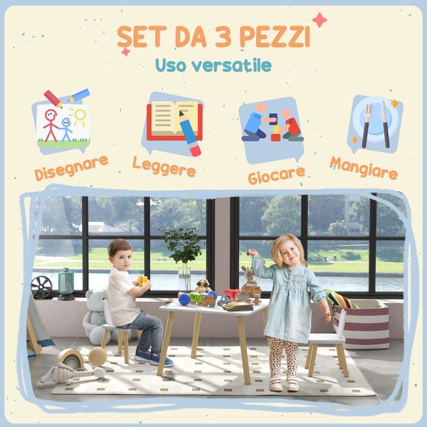 Set tavolo e 2 sedie per bambini con schienale a orecchie di coniglio, età 3-6 anni, bianco - 