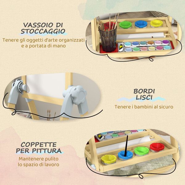 Cavalletto per bambini doppia lavagna per gesso e pennarelli, lavagnetta magnetica e rotolo di carta, legno - 