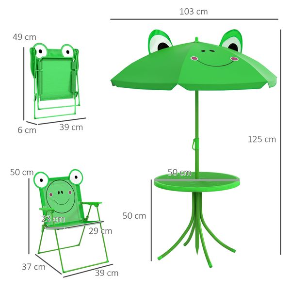 Set tavolo da giardino con 2 sedie pieghevoli, tavolino con sedie da esterno con ombrellone per bambini in metallo e poliestere, verde - 