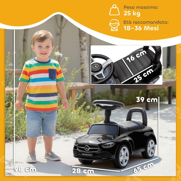 Macchina per bambini licenza mercedes benz con clacson e spazio portaoggetti, 65x28x39 cm, nero - 