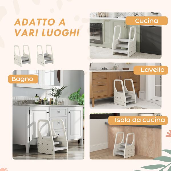 Sgabello per bambini 2-5 anni a 3 gradini in hdpe, 43x42x65.5 cm, grigio e bianco crema - 