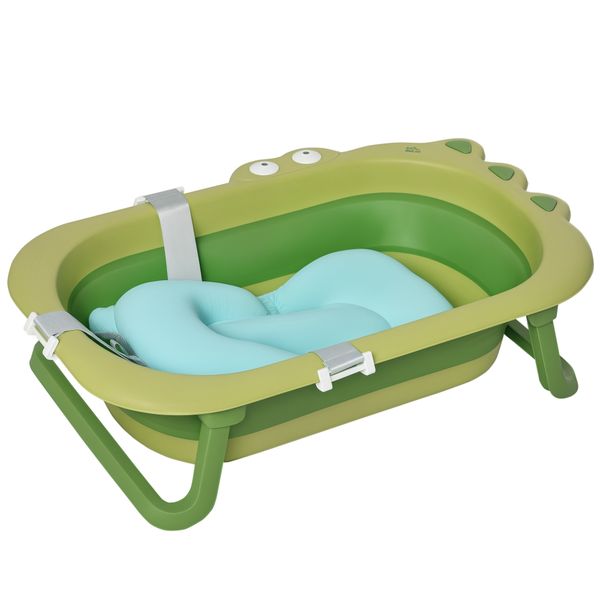 Vaschetta bagnetto pieghevole per bambini 0-3 anni con cuscino regolabile azzurro e piedini antiscivolo, 80x53.9x20.8cm verde - 