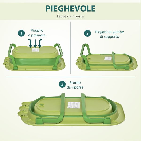 Vaschetta bagnetto pieghevole per bambini 0-3 anni con cuscino regolabile azzurro e piedini antiscivolo, 80x53.9x20.8cm verde - 