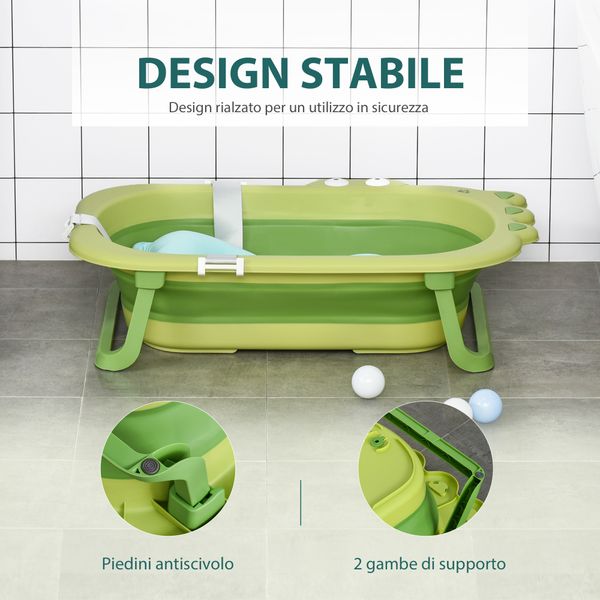 Vaschetta bagnetto pieghevole per bambini 0-3 anni con cuscino regolabile azzurro e piedini antiscivolo, 80x53.9x20.8cm verde - 
