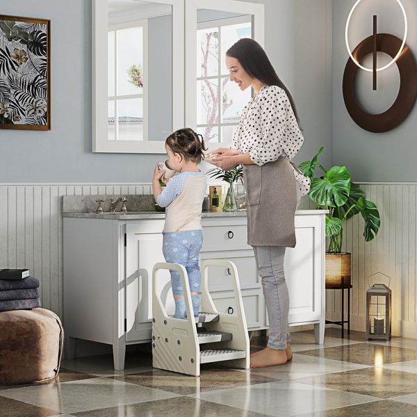 Sgabello per bambini 2-5 anni a 3 gradini in hdpe, 43x42x65.5 cm, grigio e bianco crema - 