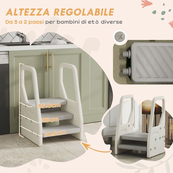 Sgabello per bambini 2-5 anni a 3 gradini in hdpe, 43x42x65.5 cm, grigio e bianco crema - 