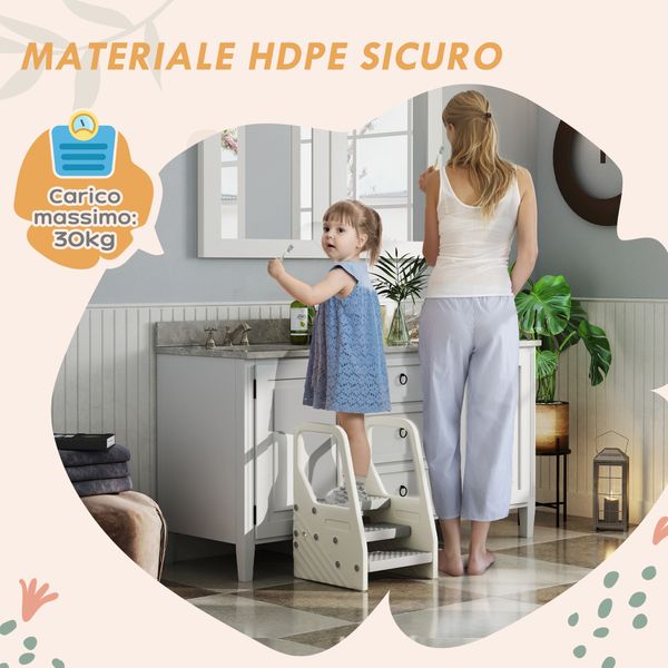 Sgabello per bambini 2-5 anni a 3 gradini in hdpe, 43x42x65.5 cm, grigio e bianco crema - 