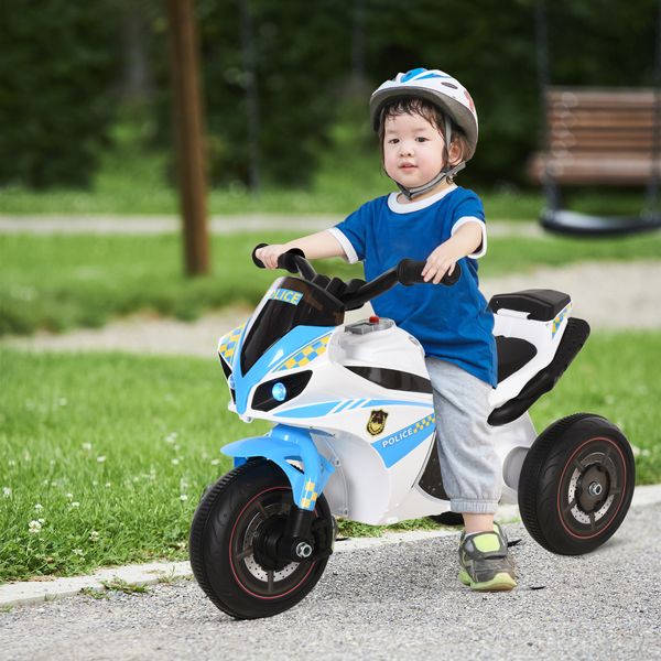 Moto giocattolo cavalcabile a 3 ruote per bambini 18-36 mesi stile polizia con musica e fari, azzurro - 