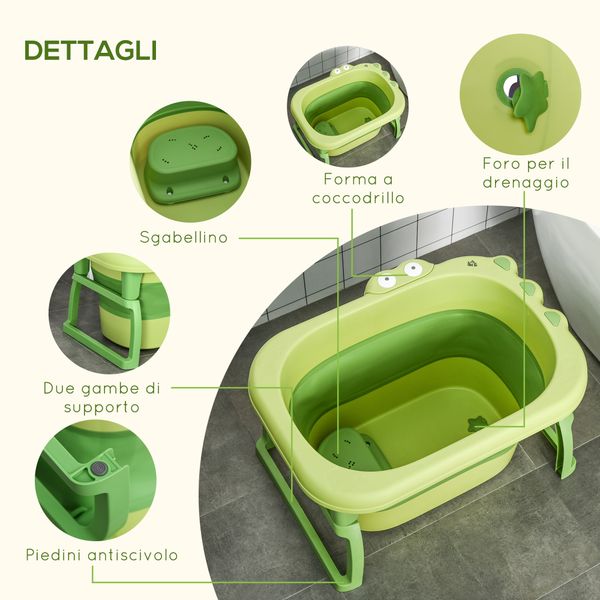Vaschetta bagnetto pieghevole per bimbi 0-6 anni in plastica antiscivolo verde, 75.3x55.4x43cm - 