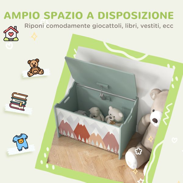 Baule portagiochi per bambini con coperchio e cerniera di sicurezza in mdf, 60x37x39cm, verde - 