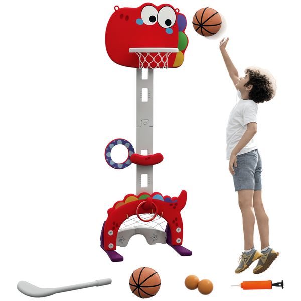 Canestro basket per bambini 5 in 1 con altezza regolabile, porta da calcio e golf, età 3-6 anni, rosso - 