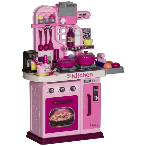Cucina giocattolo per bambini da 33 pezzi con luci, suoni e rubinetto, in pp e abs, 53x22x69 cm, rosa - 
