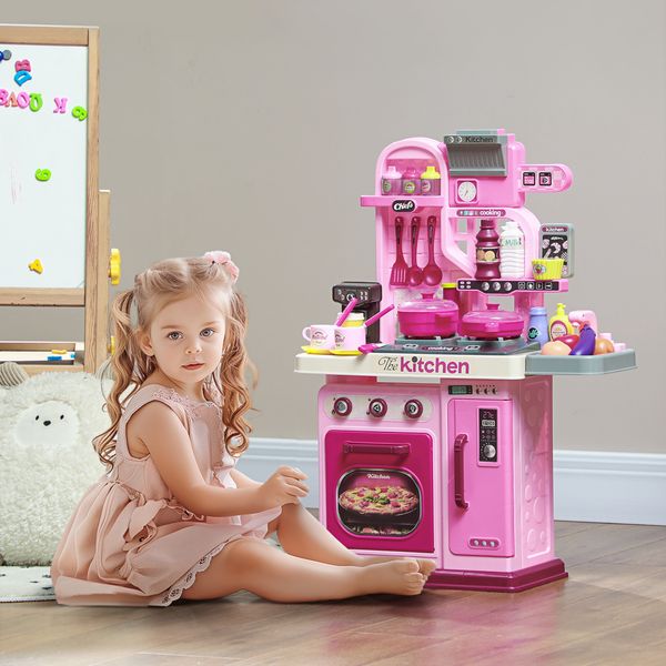 Cucina giocattolo per bambini da 33 pezzi con luci, suoni e rubinetto, in pp e abs, 53x22x69 cm, rosa - 