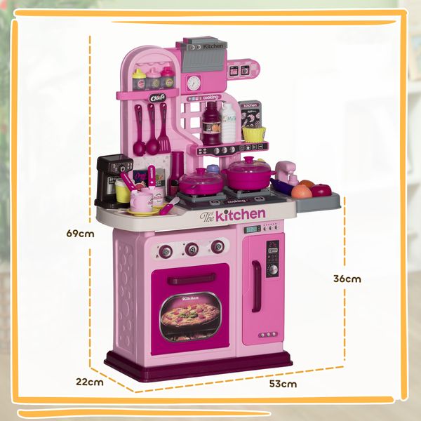 Cucina giocattolo per bambini da 33 pezzi con luci, suoni e rubinetto, in pp e abs, 53x22x69 cm, rosa - 