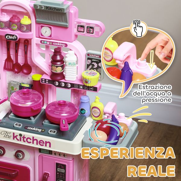 Cucina giocattolo per bambini da 33 pezzi con luci, suoni e rubinetto, in pp e abs, 53x22x69 cm, rosa - 