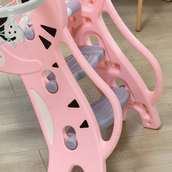 Scivolo per bambini 18-36 mesi con canestro da basket laterale, in plastica, 133x60x70 cm, rosa e grigio - 