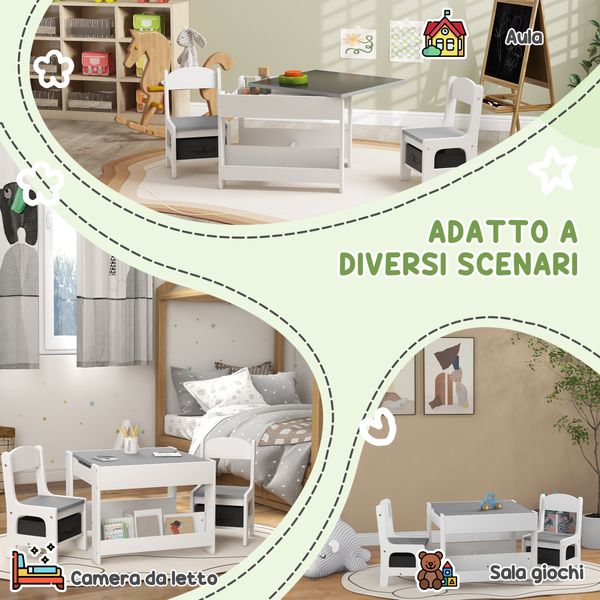 Set tavolino per bambini e 2 sedie, piano del tavolo 3 in 1 con lavagna e contenitori, grigio - 