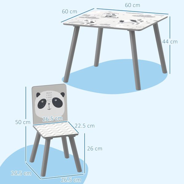 Set tavolino e 2 sedie per bambini 3-8 anni in mdf e legno di pino, grigio - 